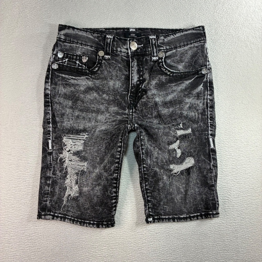 True Religion Ricky Jean Shorts Men 34x12 Black Acid Wash Distressed Denim Jorts - Picture 2 of 7